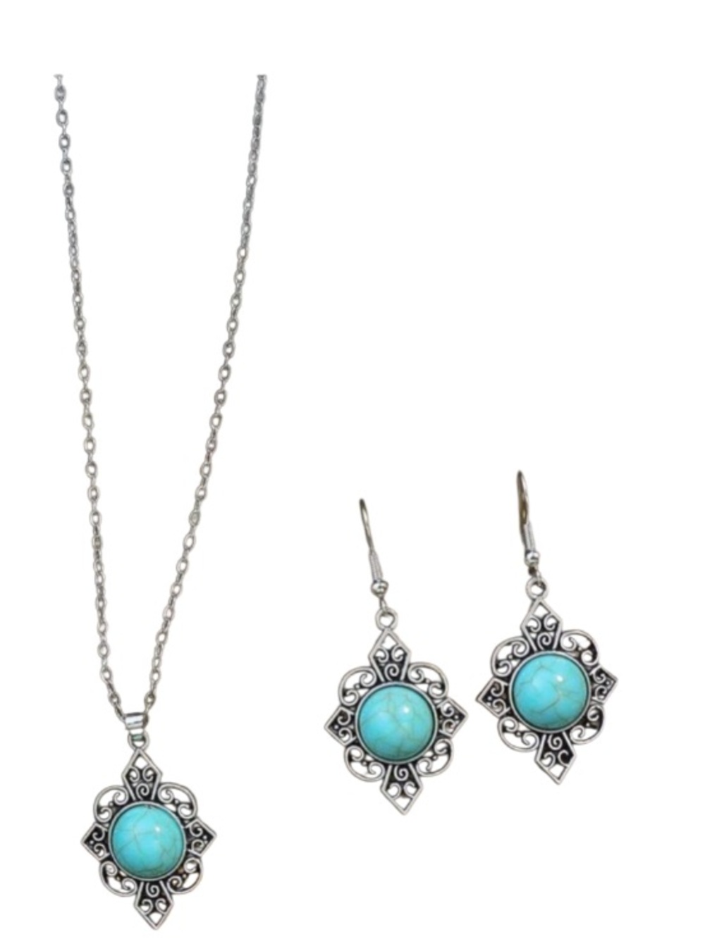 3pcs Vintage Sterling Silver Jewelry Set With Turquoise Inlay, Irregular Diamond